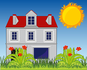 Image showing Vector illustration of the building on nature and sun