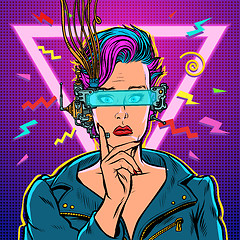 Image showing thinker vr glasses woman gamer virtual reality online. 80s girl