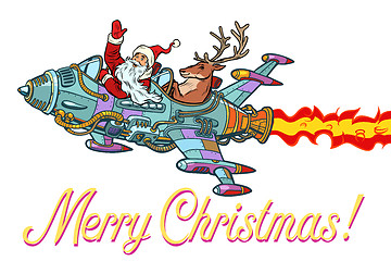 Image showing Merry Christmas. Retro Santa Claus with a deer flying on a rocke