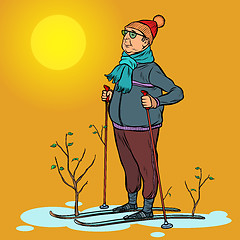 Image showing skier man spring in the forest, sun