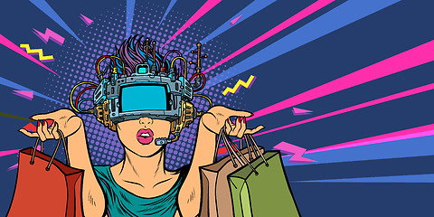 Image showing woman shopping on sale. virtual reality VR glasses