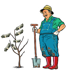 Image showing old gardener grows dollars on a tree