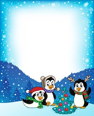 Image showing Christmas penguins thematic frame 2