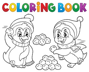 Image showing Coloring book penguins playing with snow