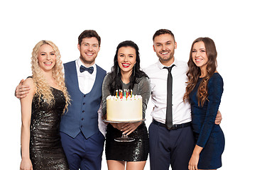 Image showing happy friends with big cake at birthday party