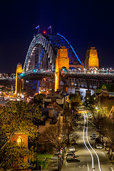 Image showing Views down the road towards Sydney Harbour Bridge at night