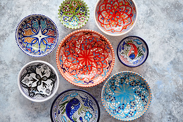 Image showing Collection of empty moroccan colorful decorative ceramic bowls