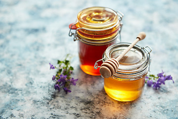 Image showing Jars with different kinds of fresh organic honey