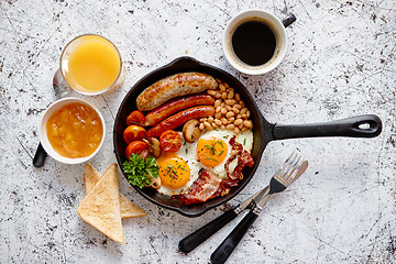 Image showing Delicious english breakfast in iron cooking pan