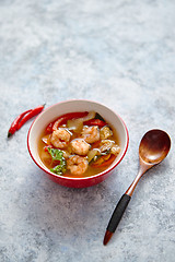 Image showing Traditional Tom Yum spicy Thai soup with shrimp