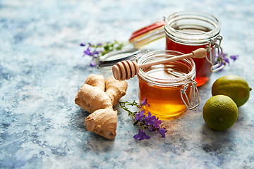 Image showing Healthy food table with different kinds of honey, fresh ginger and lime