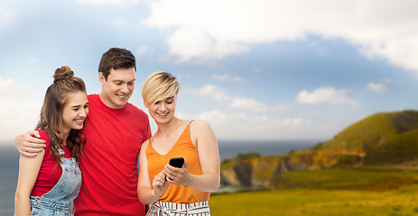 Image showing friends with smartphone over white background