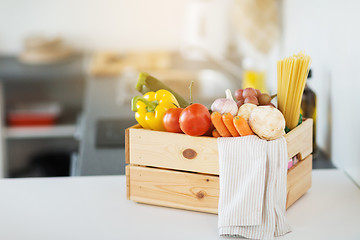 Image showing close up of wooden box of fresh ripe vegetables