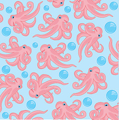 Image showing Animal octopus and bubble air on turn blue background