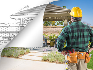 Image showing Contractor Facing Pergola Photo with Page Flipping to Drawing Be