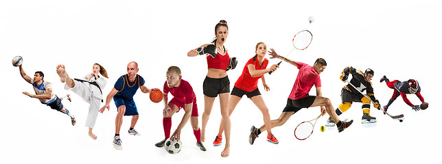 Image showing Sport collage about kickboxing, soccer, american football, basketball, ice hockey, badminton, taekwondo, tennis, rugby