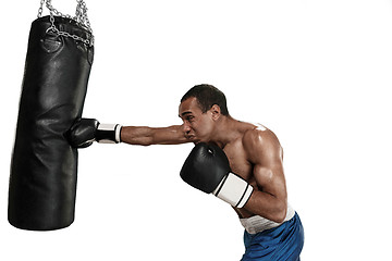 Image showing Sporty man during boxing exercise making hit. Photo of boxer on white background