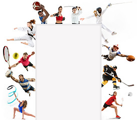 Image showing Sport collage about kickboxing, soccer, american football, basketball, ice hockey, badminton, taekwondo, tennis, rugby