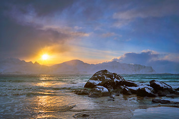 Image showing Skagsanden beach on sunset, Lofoten islands, Norway