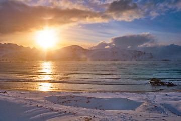 Image showing Skagsanden beach on sunset, Lofoten islands, Norway