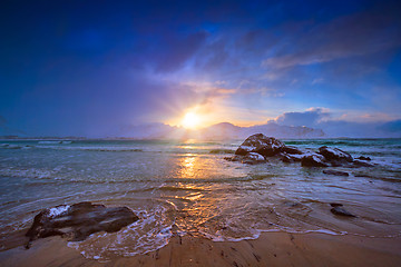 Image showing Skagsanden beach on sunset, Lofoten islands, Norway