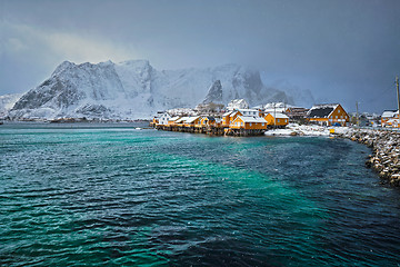 Image showing Yellow rorbu houses, Lofoten islands, Norway