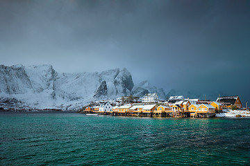 Image showing Yellow rorbu houses, Lofoten islands, Norway