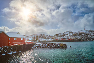 Image showing Red rorbu houses, Lofoten islands, Norway