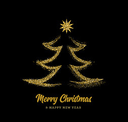 Image showing Silhouette of a Christmas tree in the form of gold sparkles on a black background. Vector