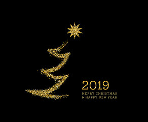 Image showing Silhouette of a Christmas tree in the form of gold sparkles on a black background. Vector