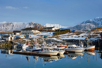 Image showing Fishing boats and yachts on pier in Norway