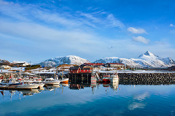 Image showing Fishing boats and yachts on pier in Norway