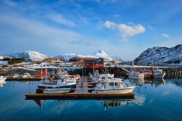 Image showing Fishing boats and yachts on pier in Norway