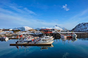 Image showing Fishing boats and yachts on pier in Norway