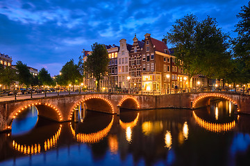 Image showing Amterdam canal, bridge and medieval houses in the evening