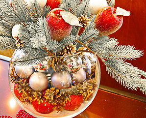 Image showing Christmas holidays composition with red apples, silver balls, andglass vase