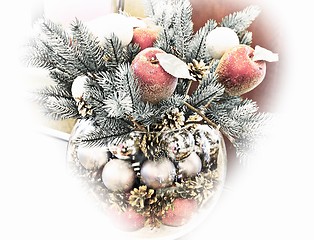 Image showing Christmas holidays composition with red apples, and silver balls on white