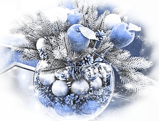 Image showing Christmas holidays composition with blue apples and silver balls on white