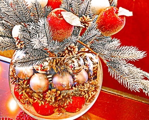 Image showing Christmas holidays composition with red apples and glass vase