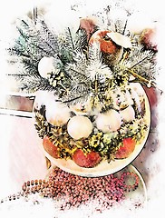 Image showing Christmas holidays composition with red apples and silver balls on white