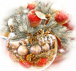 Image showing Christmas holidays composition with red apples and silver balls on white