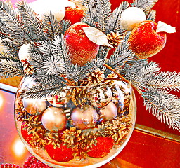 Image showing Christmas holidays composition with red apples and glass vase