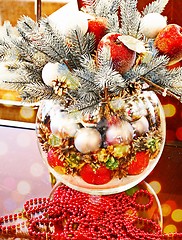 Image showing Christmas holidays composition with red apples and glass vase