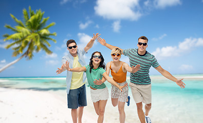 Image showing friends in sunglasses having fun on tropical beach