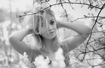 Image showing Black And White Photo Of A Beautiful Young Woman In A Garden