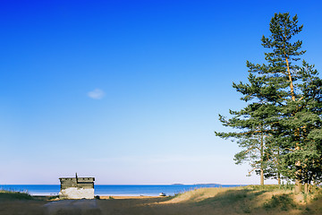 Image showing Sandy Shore Of The Lake Against A Natural Blue Sky Background