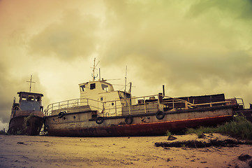 Image showing Old broken ships on the coast.