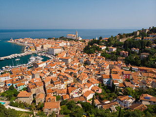 Image showing Aerial view of old town Piran, Slovenia, Europe. Summer vacations tourism concept background.