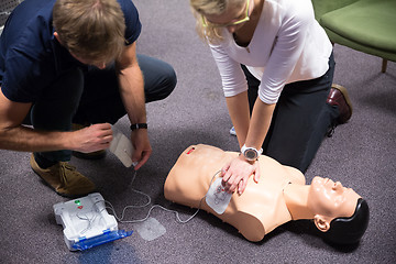 Image showing First aid cardiopulmonary resuscitation course using automated external defibrillator device, AED.