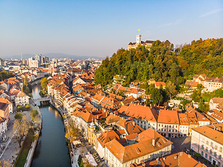 Image showing Cityscape of Ljubljana, capital of Slovenia in warm afternoon sun.